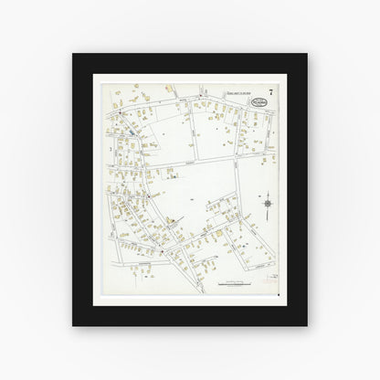 Old map wall art mockup — black gallery frame with white mat — Sanborn Fire Insurance Map from Reading, Middlesex County, Massachusetts (1918), Sheet #0007