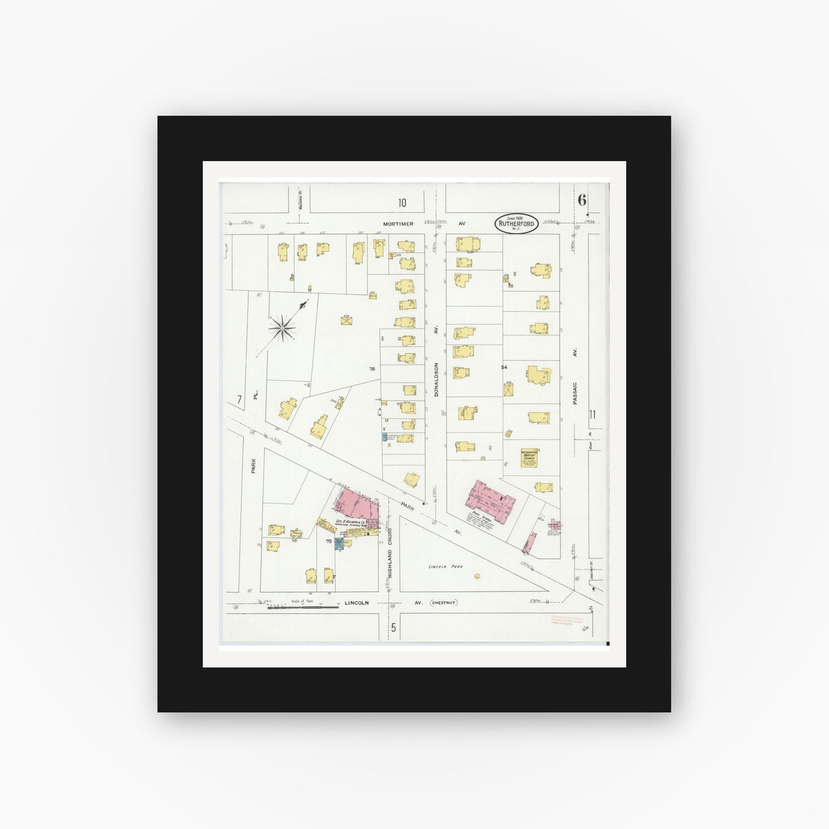 Old map wall art mockup — black gallery frame with white mat — Sanborn Fire Insurance Map from Rutherford, Bergen County, New Jersey (1909), Sheet #0006