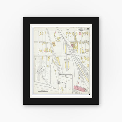 Old map wall art mockup — black gallery frame with white mat — Sanborn Fire Insurance Map from Galion, Crawford County, Ohio (1897), Sheet #0012