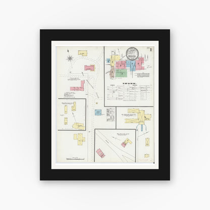 Old map wall art mockup — black gallery frame with white mat — Sanborn Fire Insurance Map from Amherst, Hampshire County, Massachusetts (1896), Sheet #0001