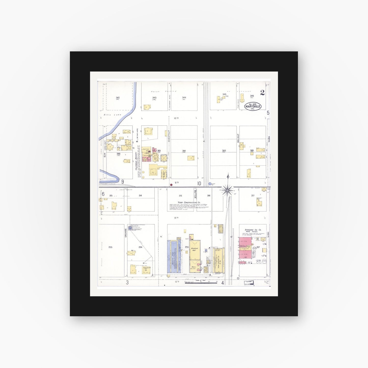 Old map wall art mockup — black gallery frame with white mat — Sanborn Fire Insurance Map from Marysville, Yuba County, California (1909), Sheet #0002