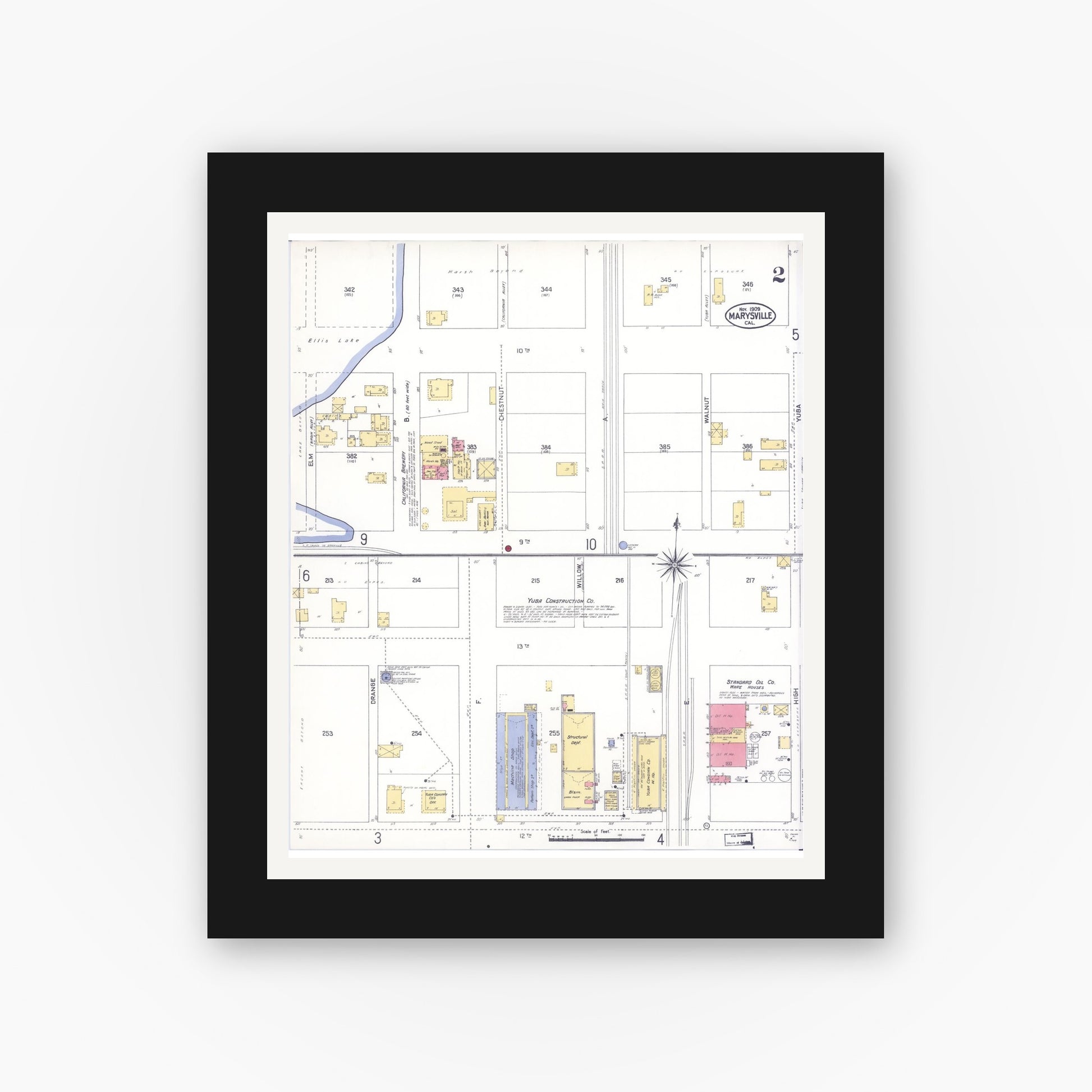 Old map wall art mockup — black gallery frame with white mat — Sanborn Fire Insurance Map from Marysville, Yuba County, California (1909), Sheet #0002