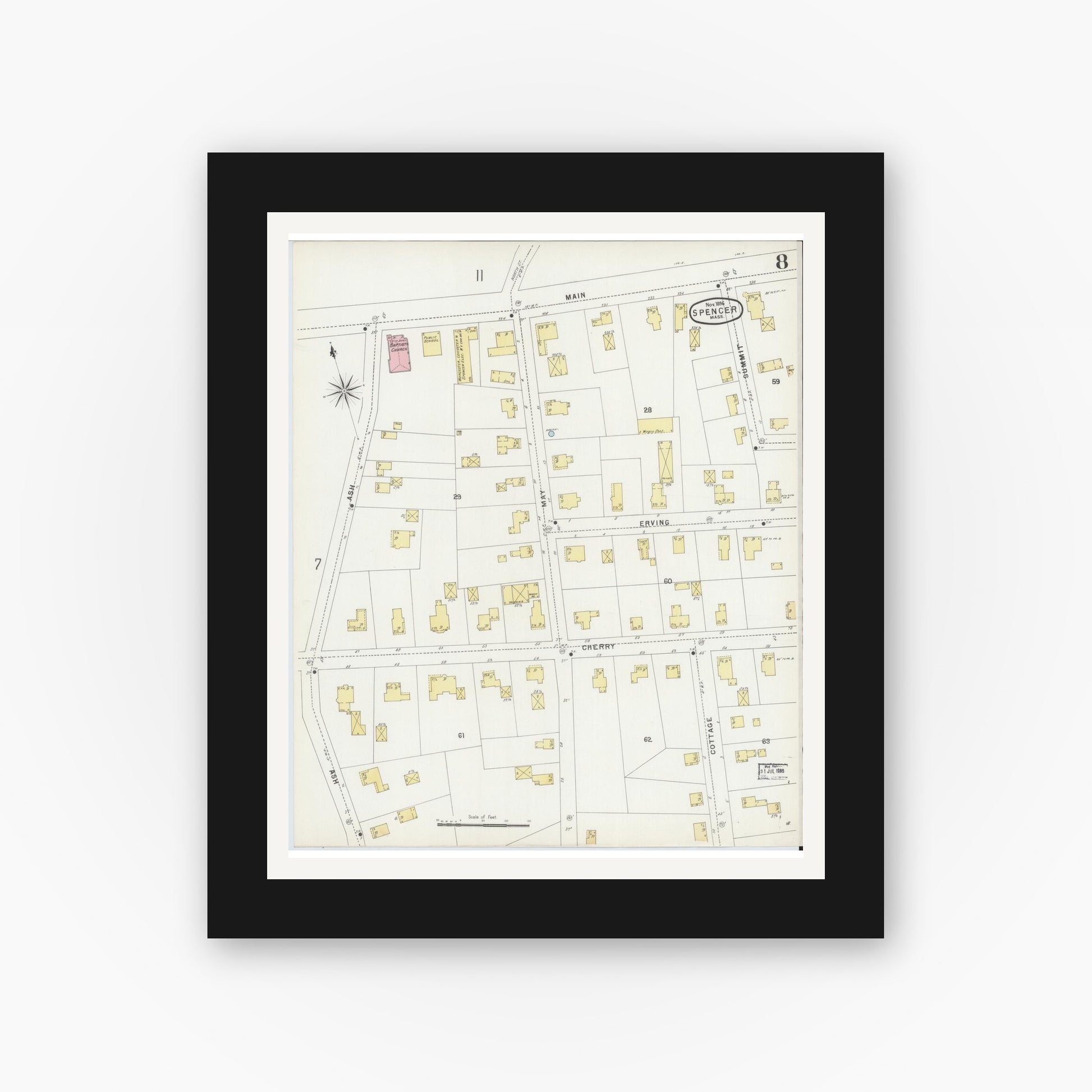 Old map wall art mockup — black gallery frame with white mat — Sanborn Fire Insurance Map from Spencer, Worcester County, Massachusetts (1896), Sheet #0008