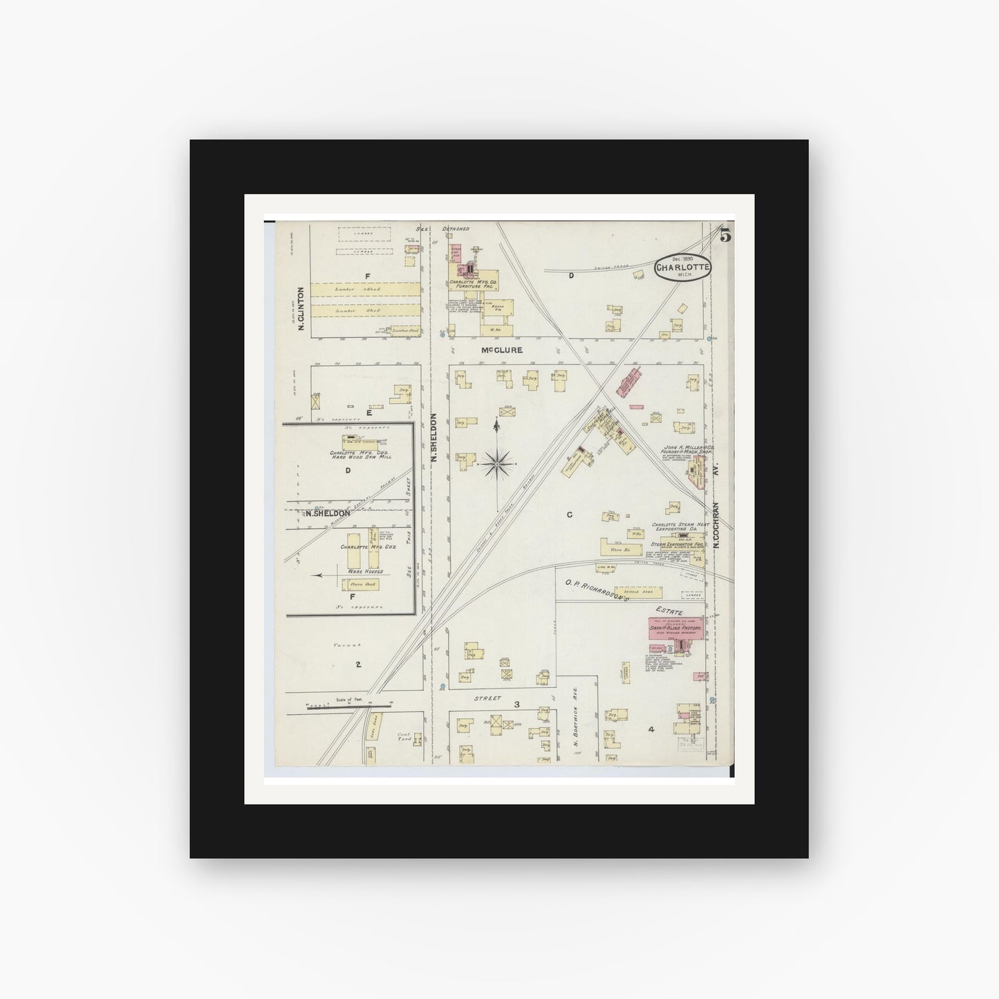 Old map wall art mockup — black gallery frame with white mat — Sanborn Fire Insurance Map from Charlotte, Eaton County, Michigan (1890), Sheet #0005