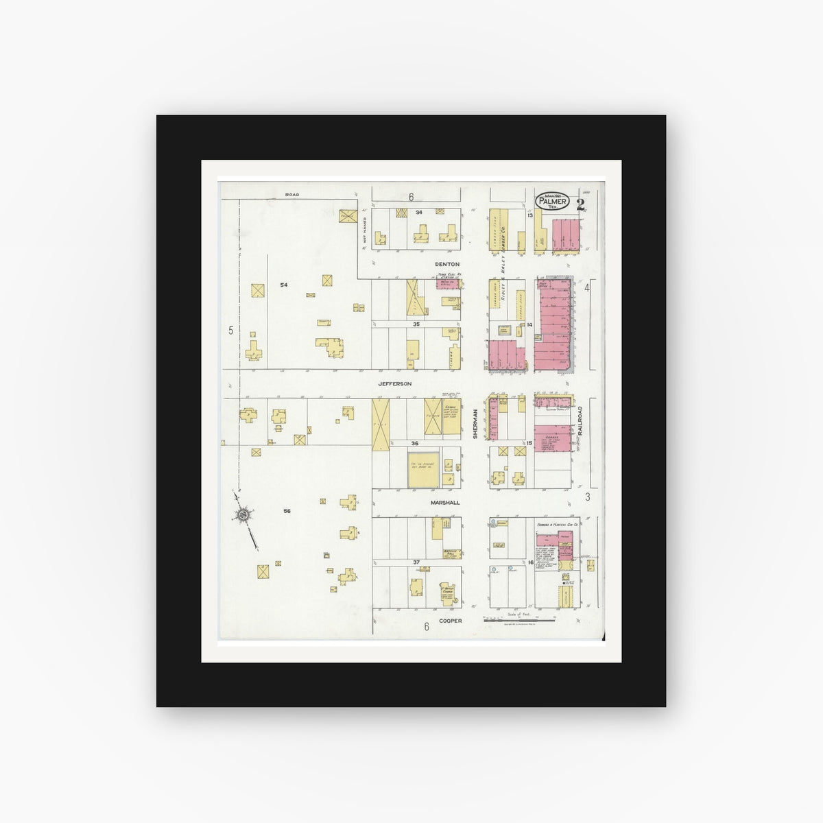 Old map wall art mockup — black gallery frame with white mat — Sanborn Fire Insurance Map from Palmer, Ellis County, Texas (1921), Sheet #0002