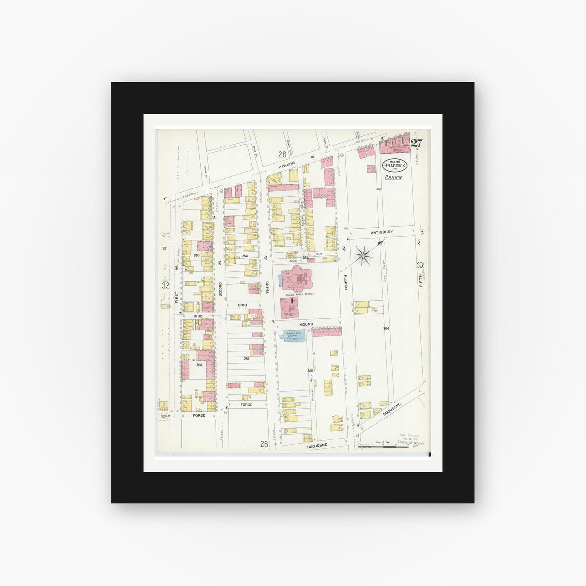 Old map wall art mockup — black gallery frame with white mat — Sanborn Fire Insurance Map from Braddock, Allegheny County, Pennsylvania (1908), Sheet #0027