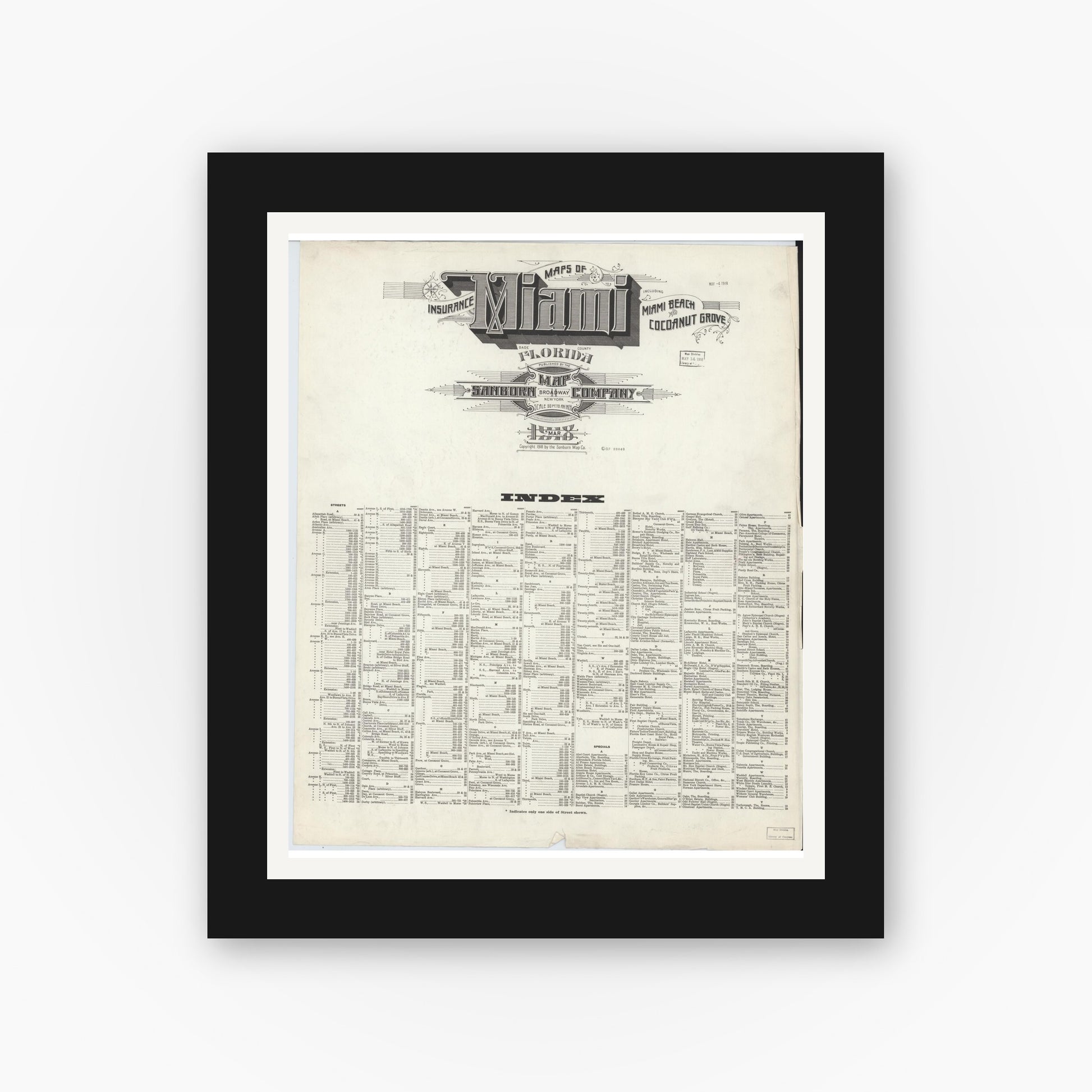 Old map wall art mockup — black gallery frame with white mat — Sanborn Fire Insurance Map from Miami, Dade County, Florida (1918), Sheet #0001