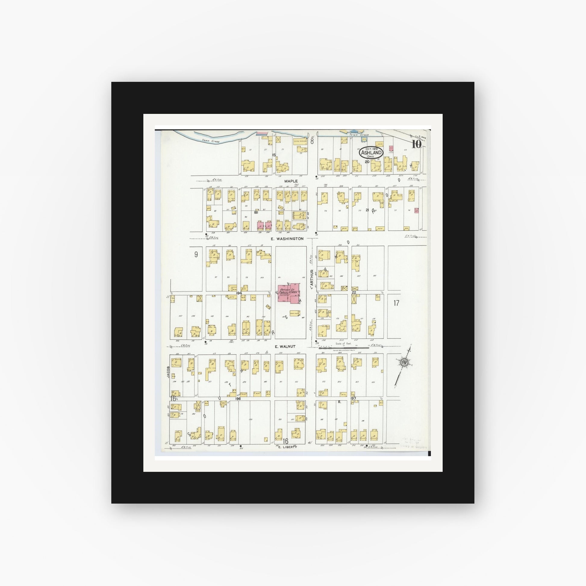 Old map wall art mockup — black gallery frame with white mat — Sanborn Fire Insurance Map from Ashland, Ashland County, Ohio (1919), Sheet #0010