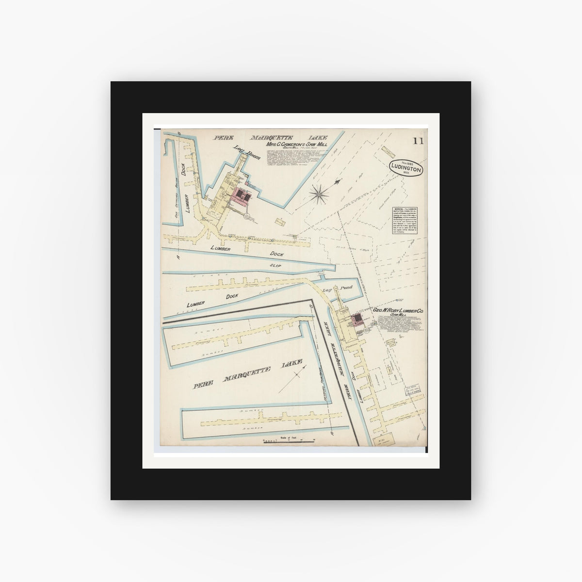Old map wall art mockup — black gallery frame with white mat — Sanborn Fire Insurance Map from Ludington, Mason County, Michigan (1883), Sheet #0011