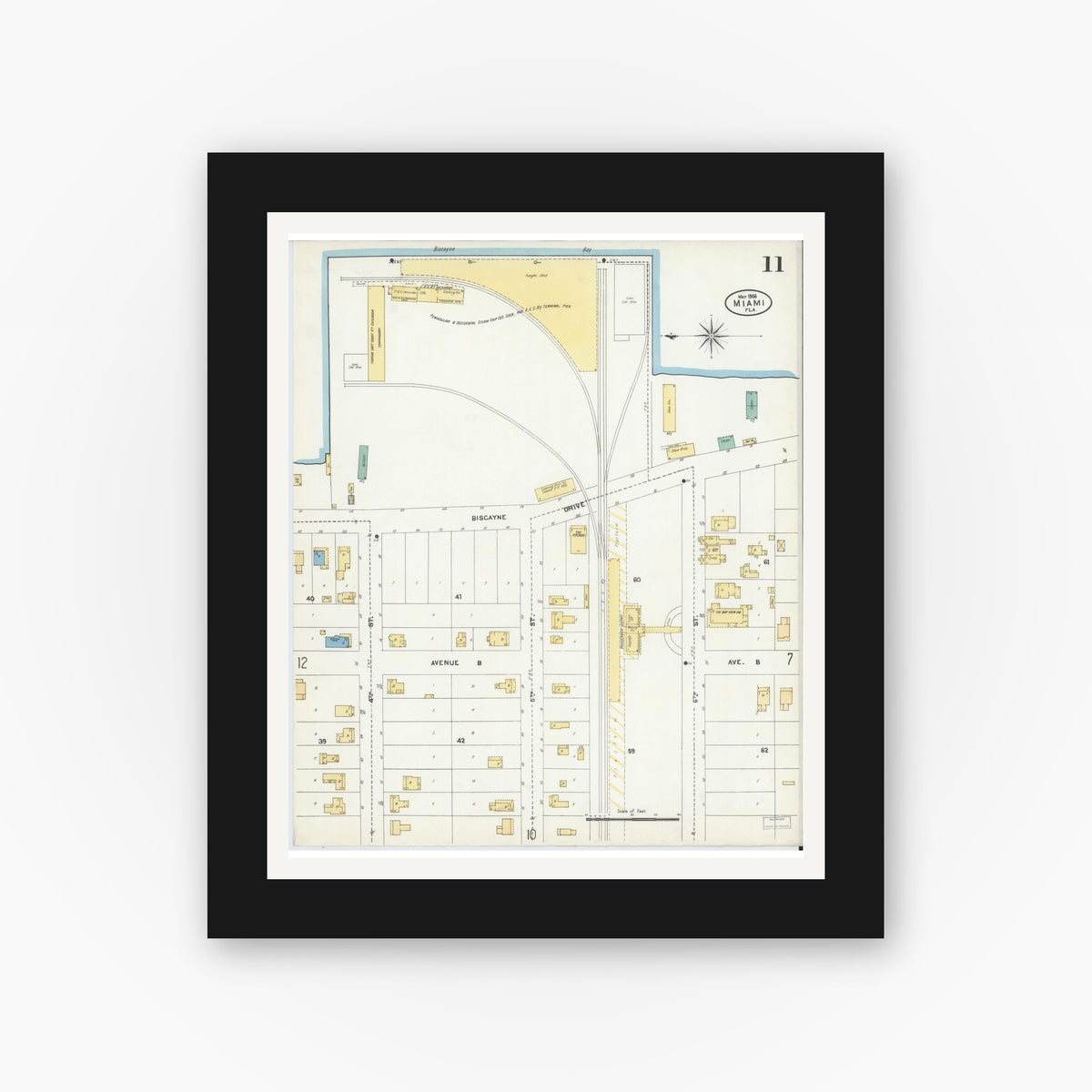 Old map wall art mockup — black gallery frame with white mat — Sanborn Fire Insurance Map from Miami, Dade County, Florida (1906), Sheet #0011