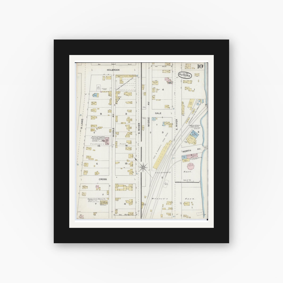Old map wall art mockup — black gallery frame with white mat — Sanborn Fire Insurance Map from Aurora, Kane County, Illinois (1888), Sheet #0010