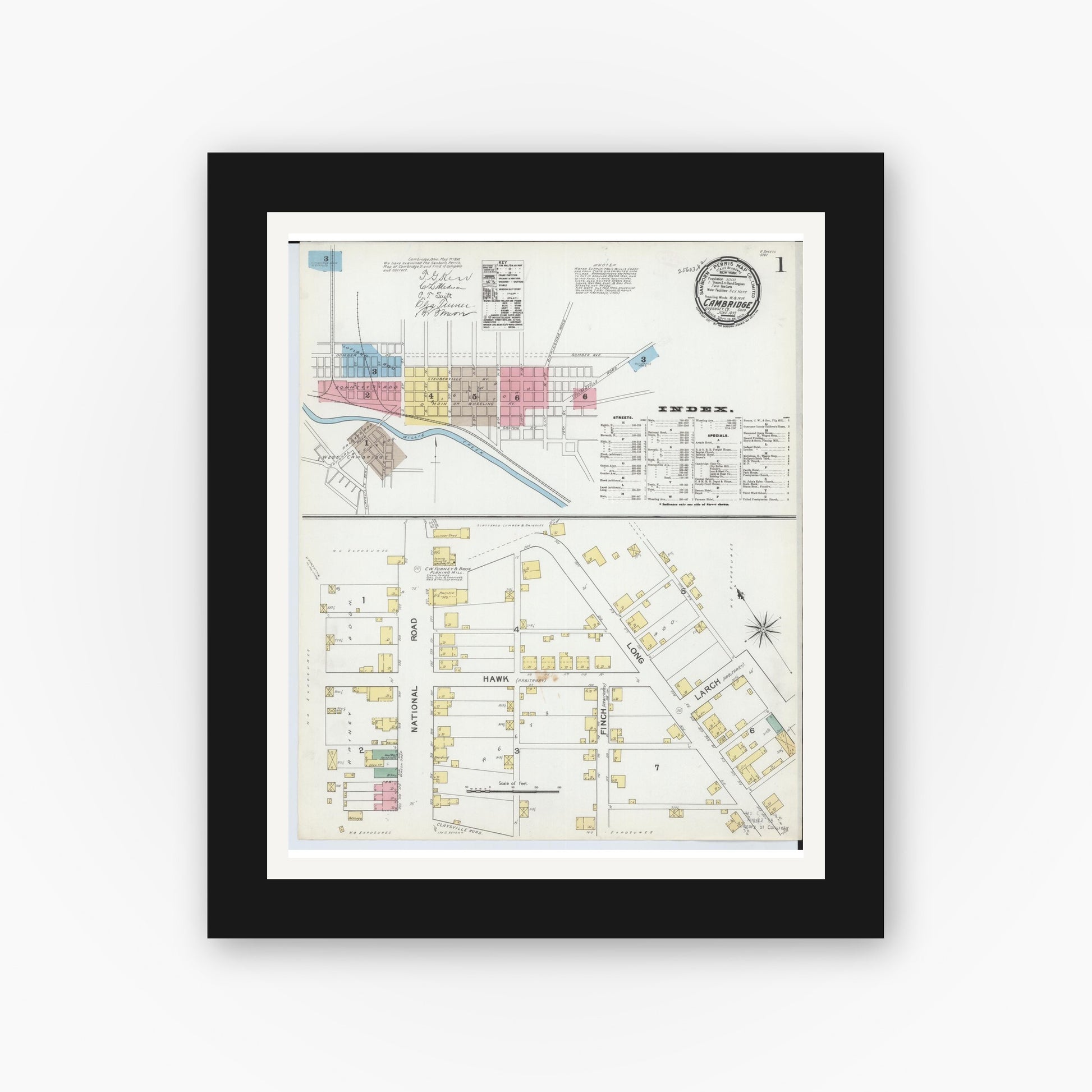 Old map wall art mockup — black gallery frame with white mat — Sanborn Fire Insurance Map from Cambridge, Guernsey County, Ohio (1892) - Complete Map Set