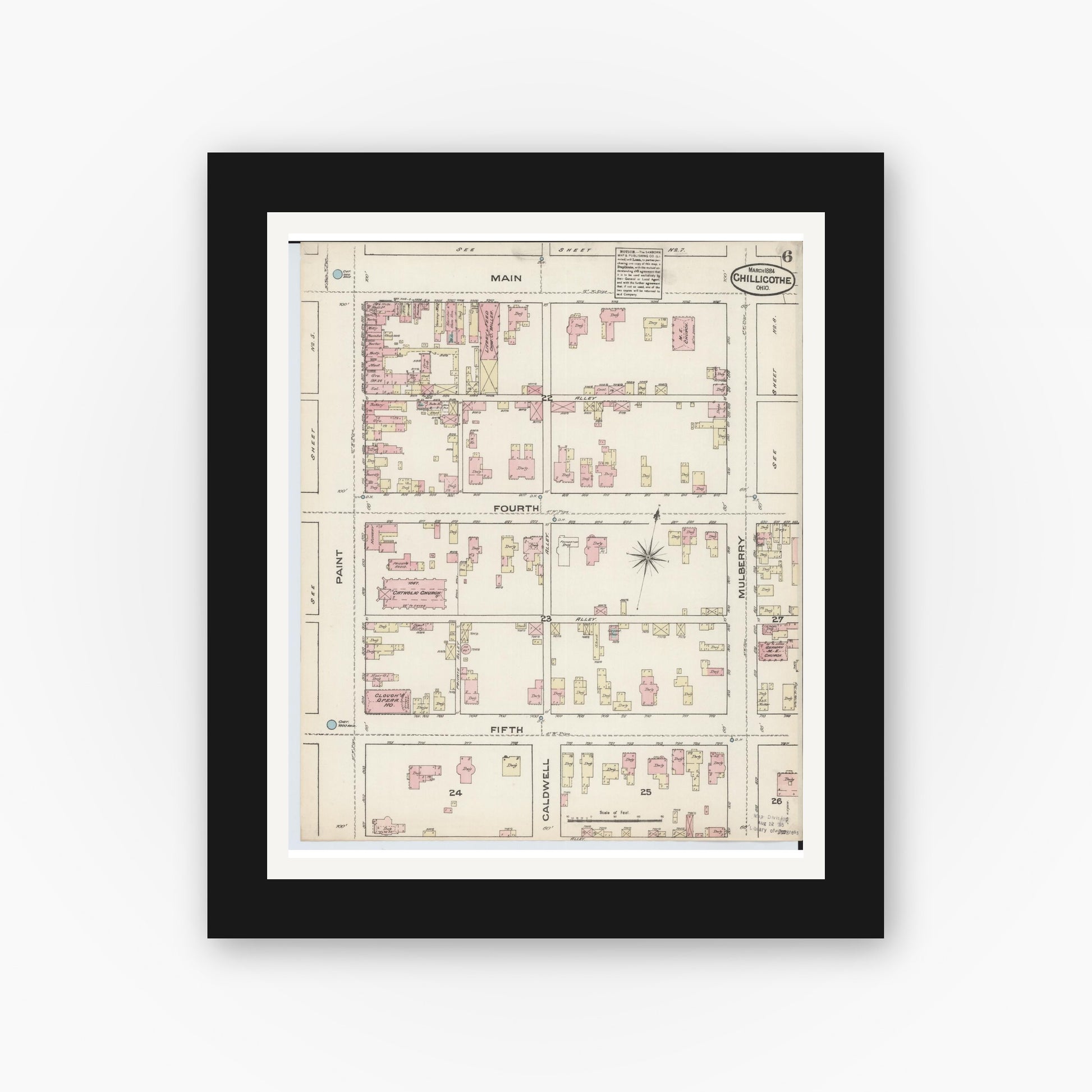 Old map wall art mockup — black gallery frame with white mat — Sanborn Fire Insurance Map from Chillicothe, Ross County, Ohio (1884), Sheet #0006
