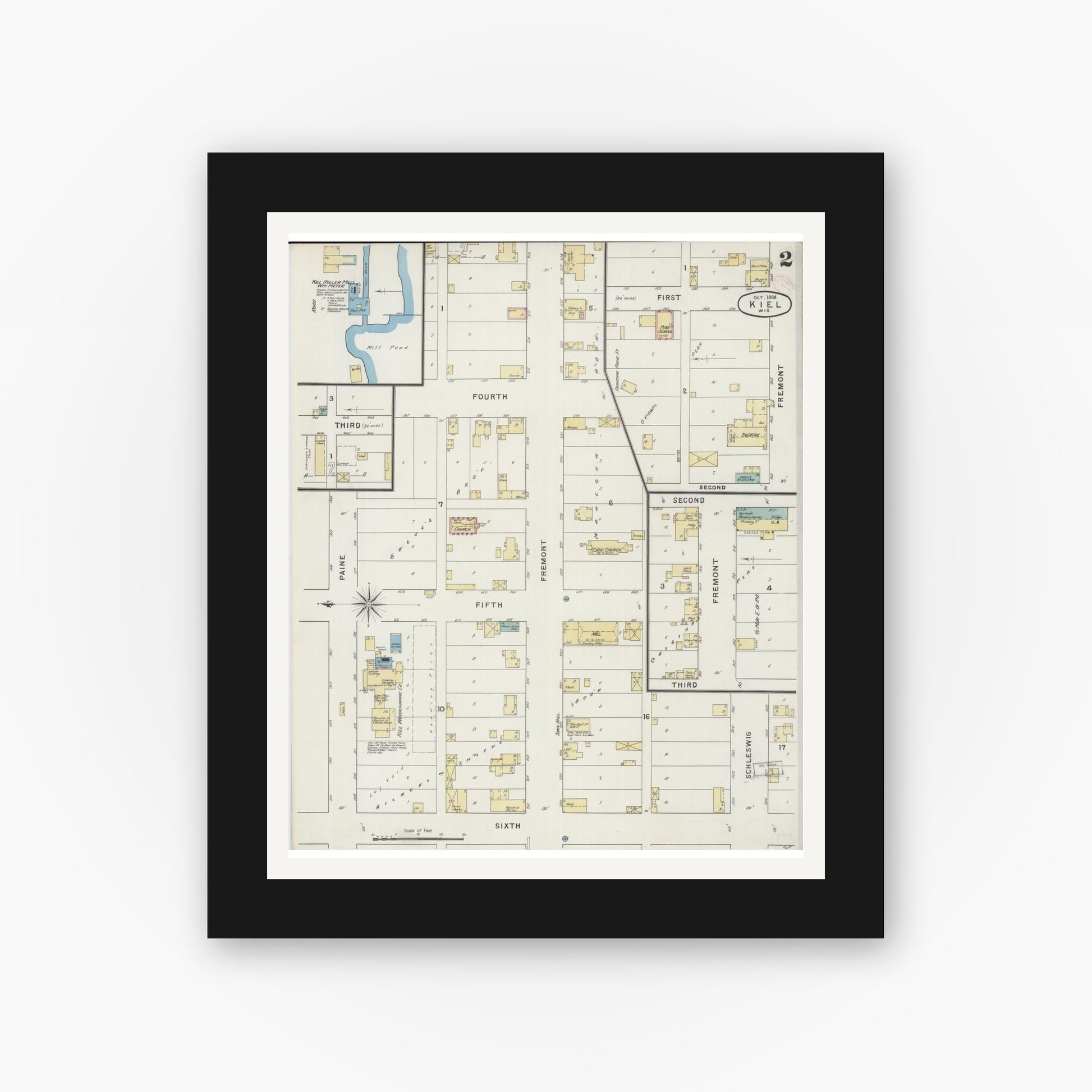 Old map wall art mockup — black gallery frame with white mat — Sanborn Fire Insurance Map from Kiel, Manitowoc and Calumet Counties, Wisconsin (1894) - Complete Map Set