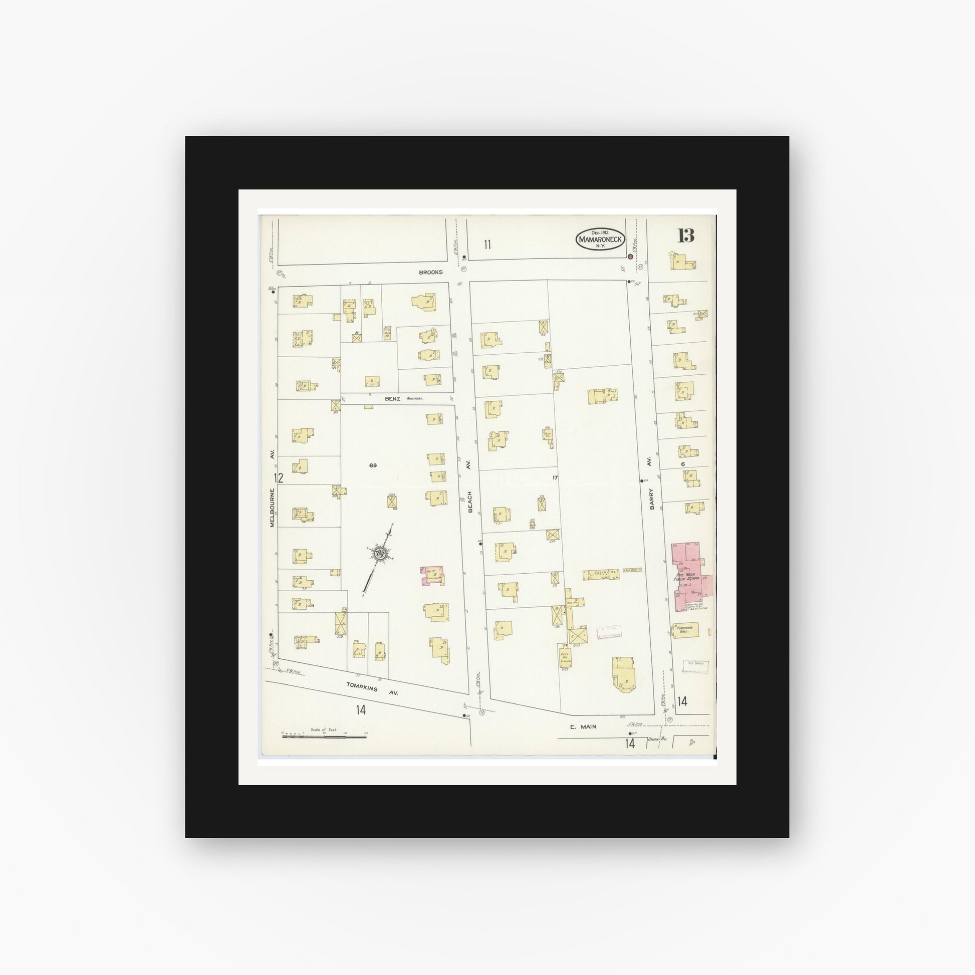 Old map wall art mockup — black gallery frame with white mat — Sanborn Fire Insurance Map from Mamaroneck, Westchester County, New York (1912), Sheet #0012