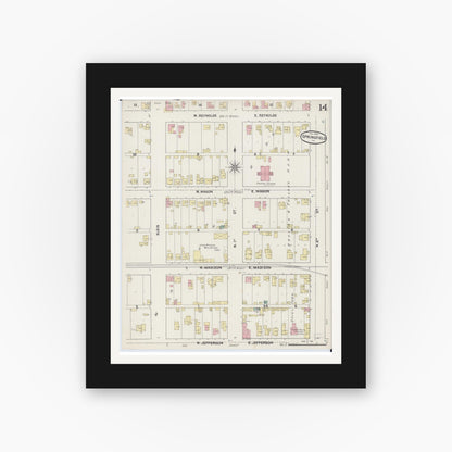 Old map wall art mockup — black gallery frame with white mat — Sanborn Fire Insurance Map from Springfield, Sangamon County, Illinois (1890), Sheet #0014