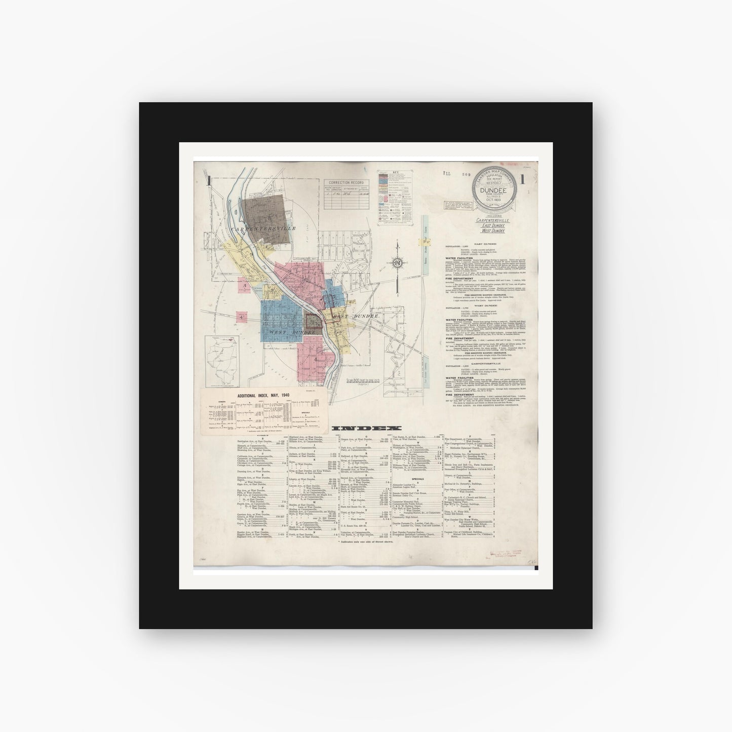 Old map wall art mockup — black gallery frame with white mat — Sanborn Fire Insurance Map from Dundee, Kane County, Illinois (1940), Sheet #0001