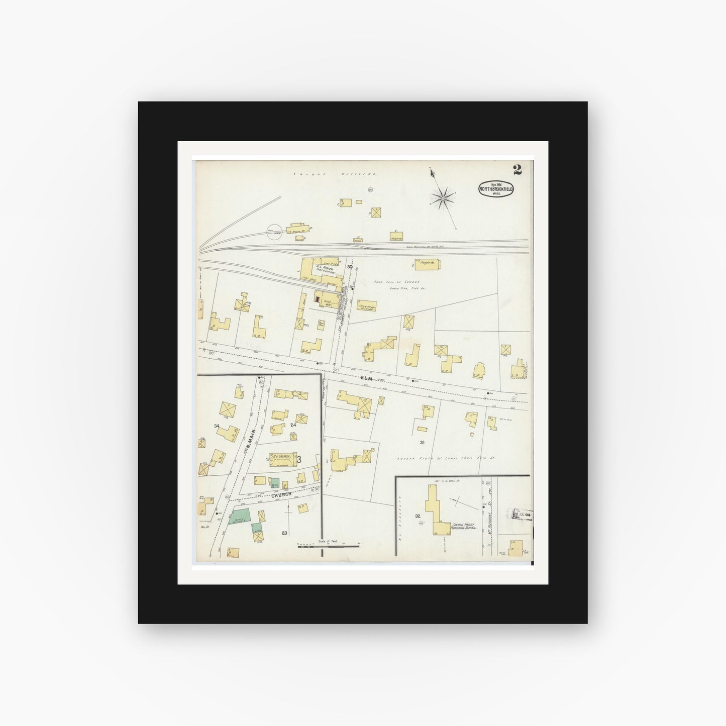 Old map wall art mockup — black gallery frame with white mat — Sanborn Fire Insurance Map from North Brookfield, Worcester County, Massachusetts (1896), Sheet #0002