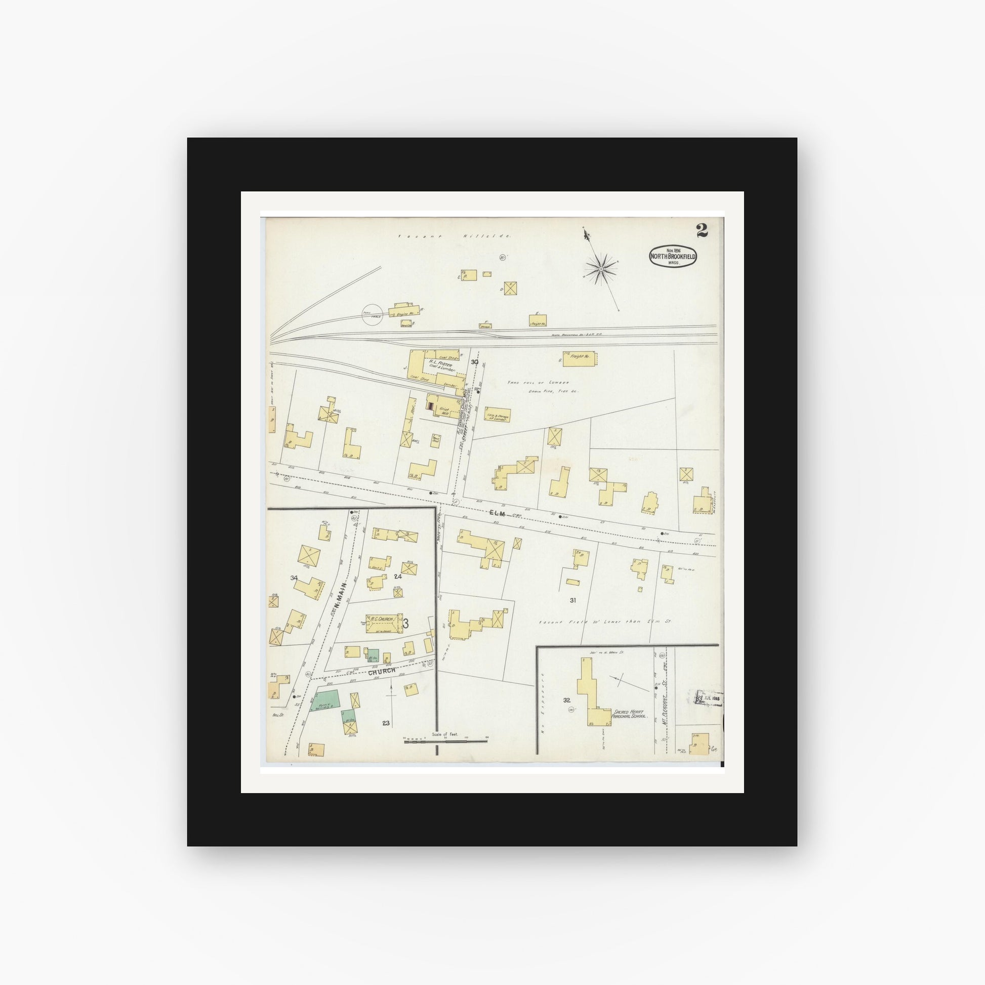 Old map wall art mockup — black gallery frame with white mat — Sanborn Fire Insurance Map from North Brookfield, Worcester County, Massachusetts (1896), Sheet #0002