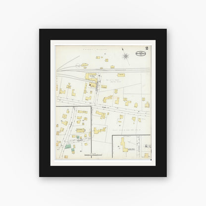 Old map wall art mockup — black gallery frame with white mat — Sanborn Fire Insurance Map from North Brookfield, Worcester County, Massachusetts (1896), Sheet #0002