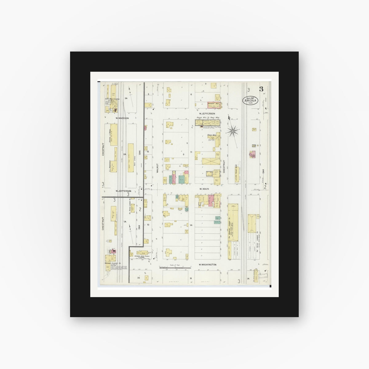 Old map wall art mockup — black gallery frame with white mat — Sanborn Fire Insurance Map from Arcola, Douglas County, Illinois (1907), Sheet #0003