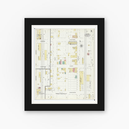 Old map wall art mockup — black gallery frame with white mat — Sanborn Fire Insurance Map from Arcola, Douglas County, Illinois (1907), Sheet #0003