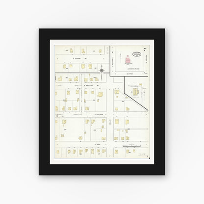 Old map wall art mockup — black gallery frame with white mat — Sanborn Fire Insurance Map from Terrell, Kaufman County, Texas (1914), Sheet #0007