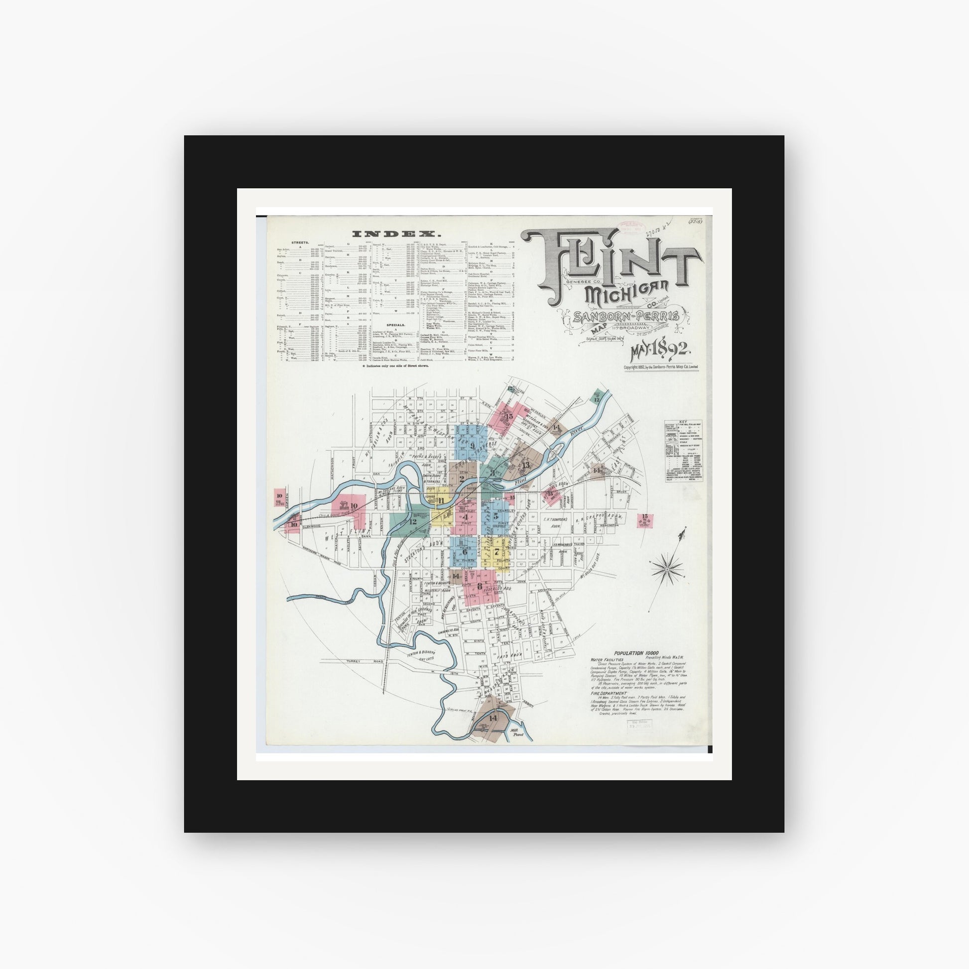 Old map wall art mockup — black gallery frame with white mat — Sanborn Fire Insurance Map from Flint, Genesee County, Michigan (1892), Sheet #0001