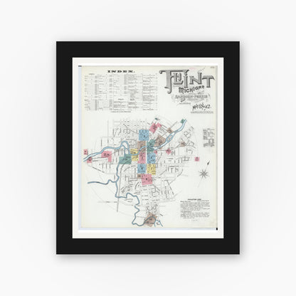Old map wall art mockup — black gallery frame with white mat — Sanborn Fire Insurance Map from Flint, Genesee County, Michigan (1892), Sheet #0001