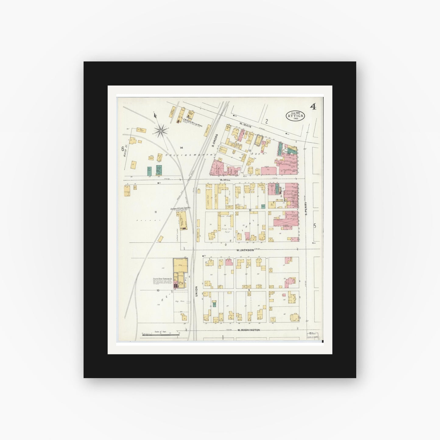 Old map wall art mockup — black gallery frame with white mat — Sanborn Fire Insurance Map from Attica, Fountain County, Indiana (1905), Sheet #0004