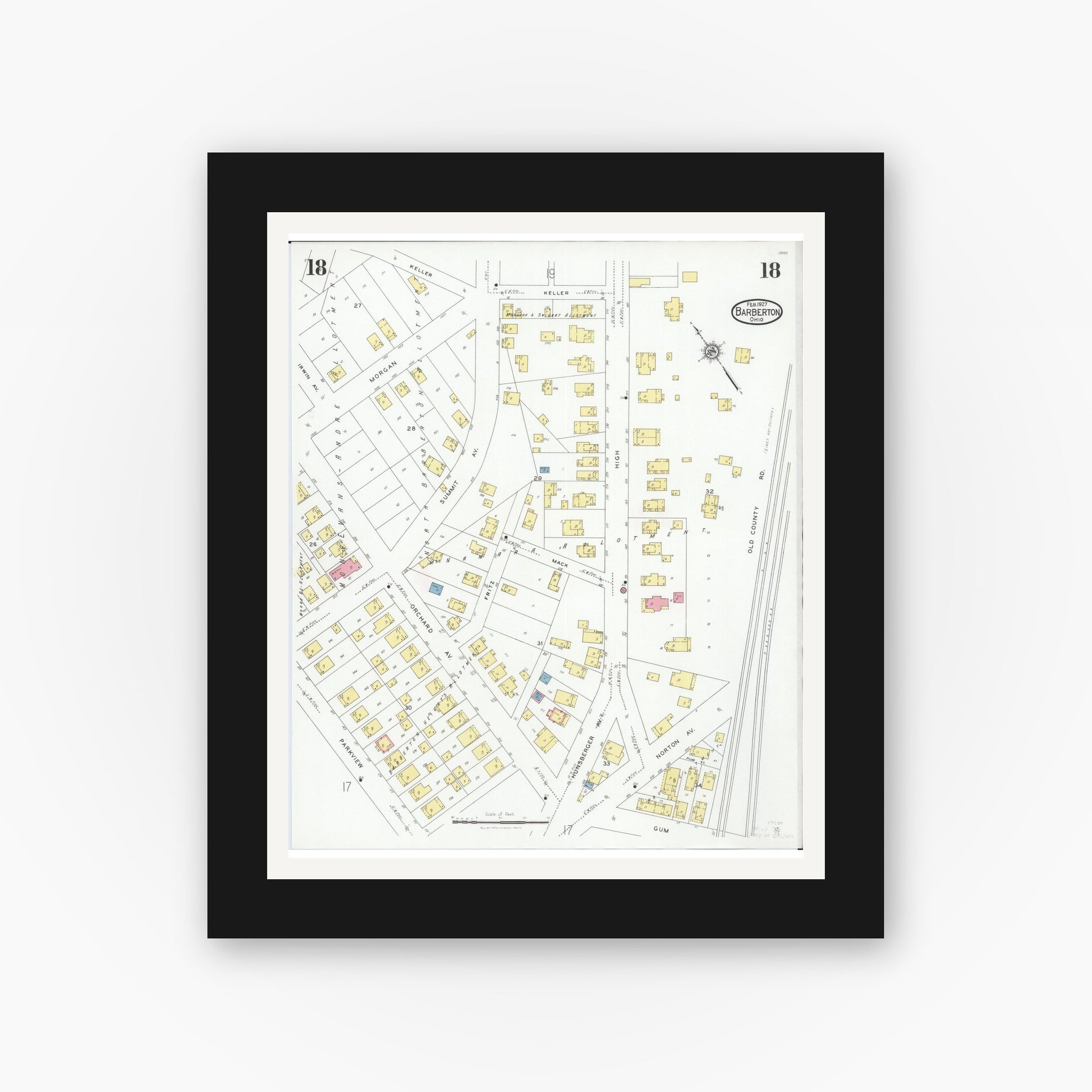 Old map wall art mockup — black gallery frame with white mat — Sanborn Fire Insurance Map from Barberton, Summit County, Ohio (1927), Sheet #0018