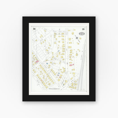 Old map wall art mockup — black gallery frame with white mat — Sanborn Fire Insurance Map from Barberton, Summit County, Ohio (1927), Sheet #0018
