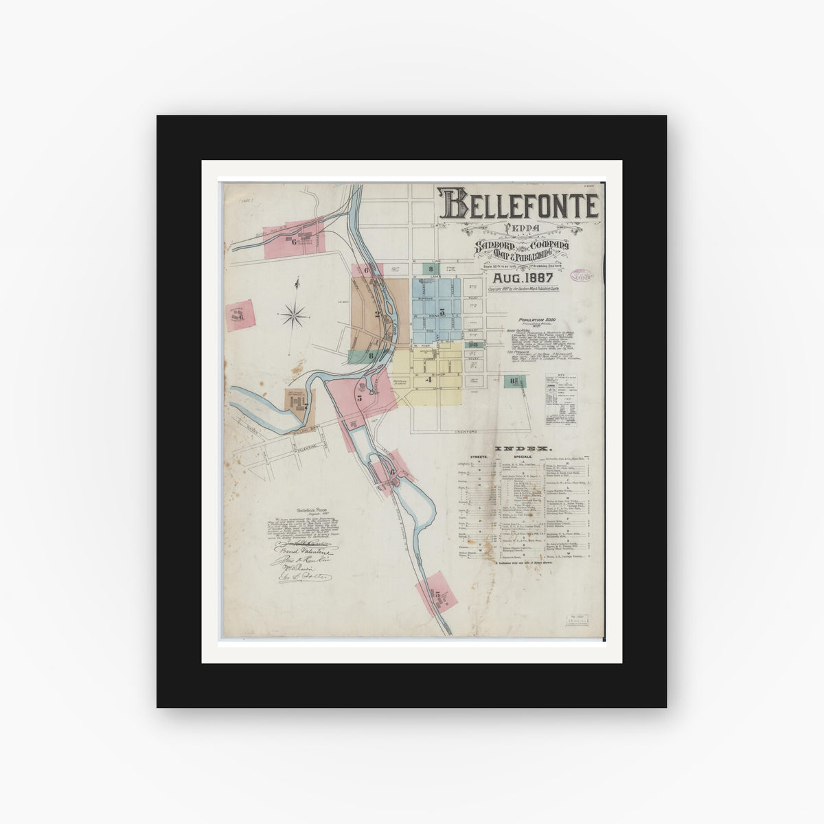 Old map wall art mockup — black gallery frame with white mat — Sanborn Fire Insurance Map from Bellefonte, Centre County, Pennsylvania (1887), Sheet #0001