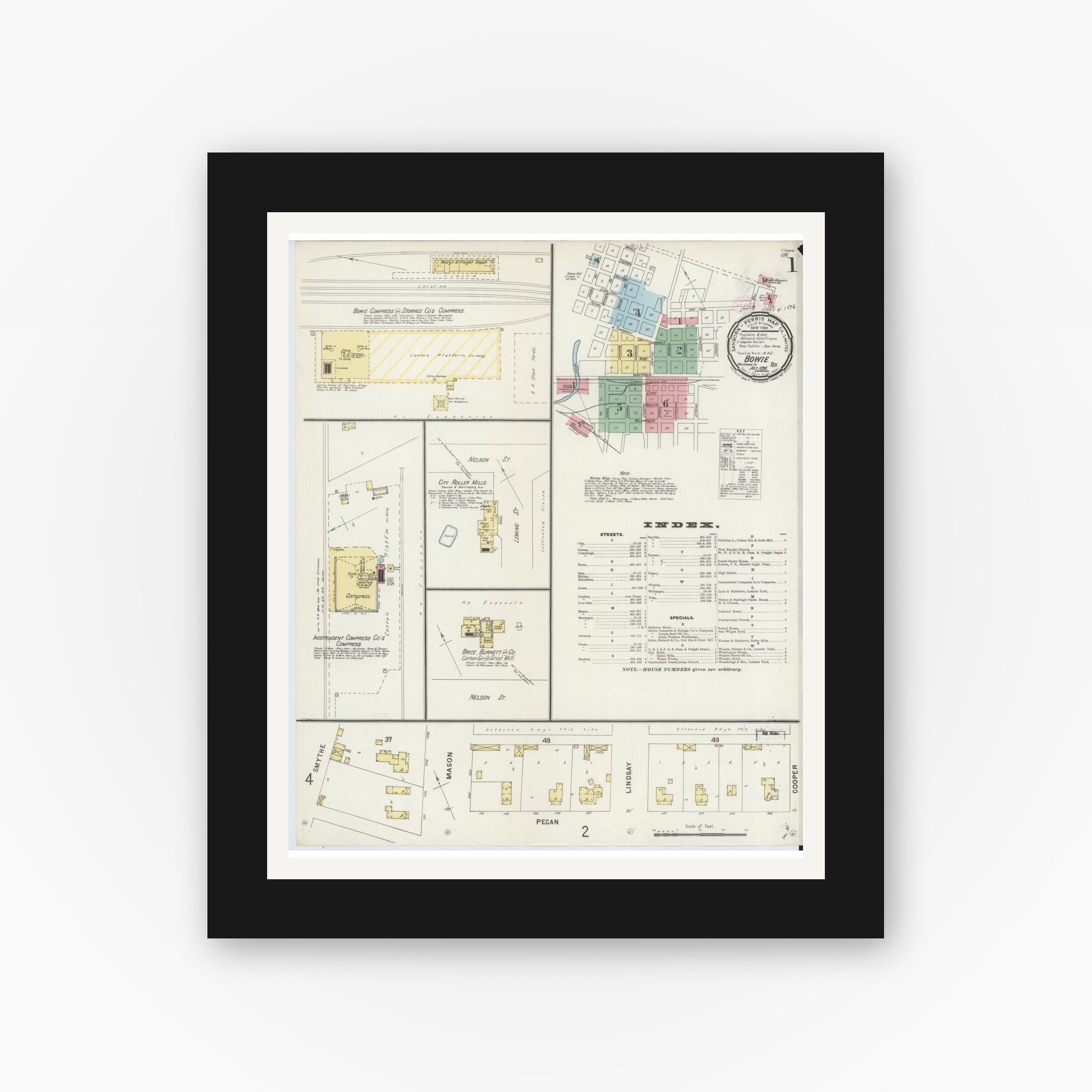 Old map wall art mockup — black gallery frame with white mat — Sanborn Fire Insurance Map from Bowie, Montague County, Texas (1896), Sheet #0001