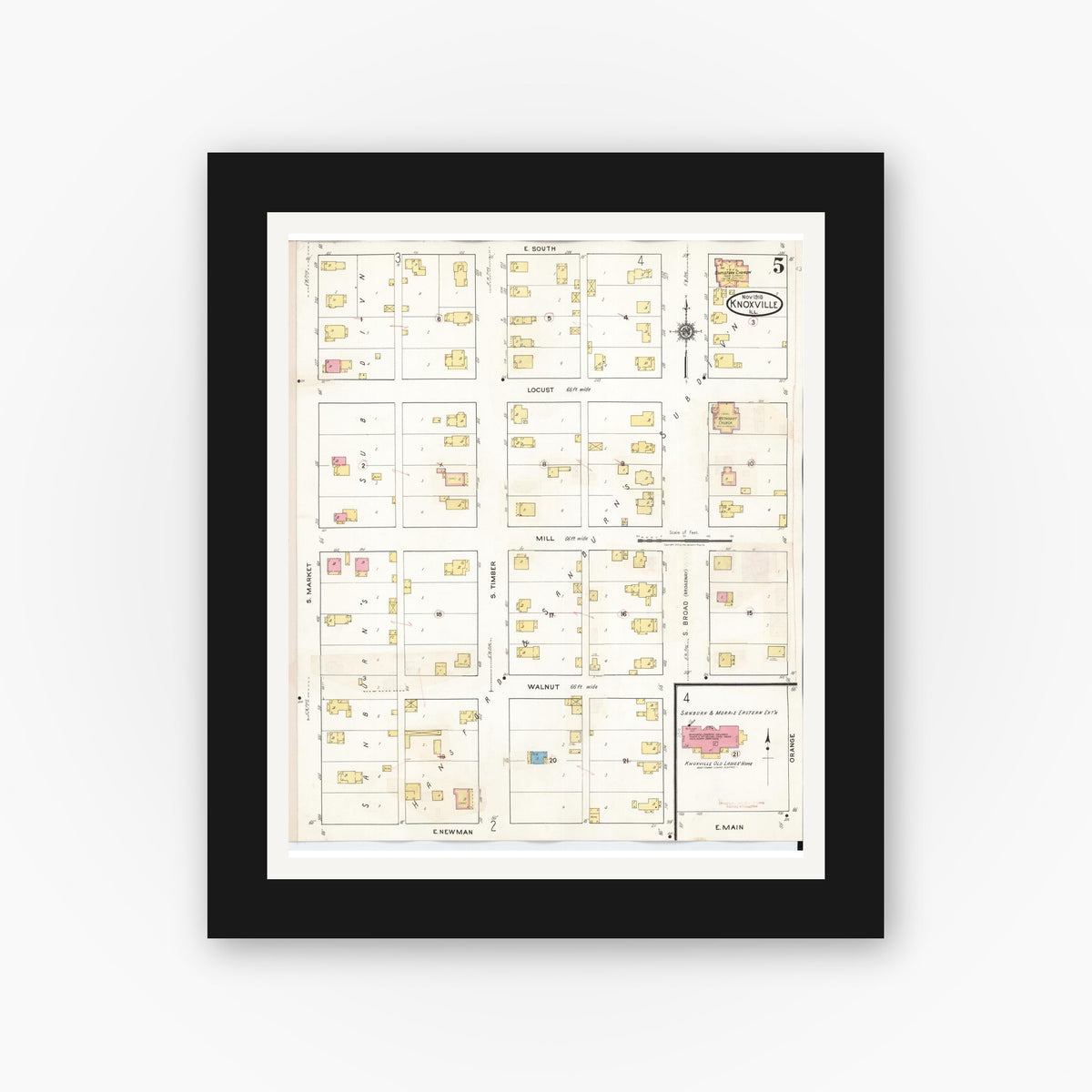 Old map wall art mockup — black gallery frame with white mat — Sanborn Fire Insurance Map from Knoxville, Knox County, Illinois (1944), Sheet #0005