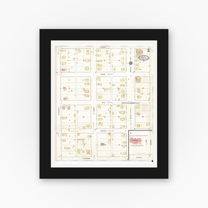 Old map wall art mockup — black gallery frame with white mat — Sanborn Fire Insurance Map from Knoxville, Knox County, Illinois (1944), Sheet #0005