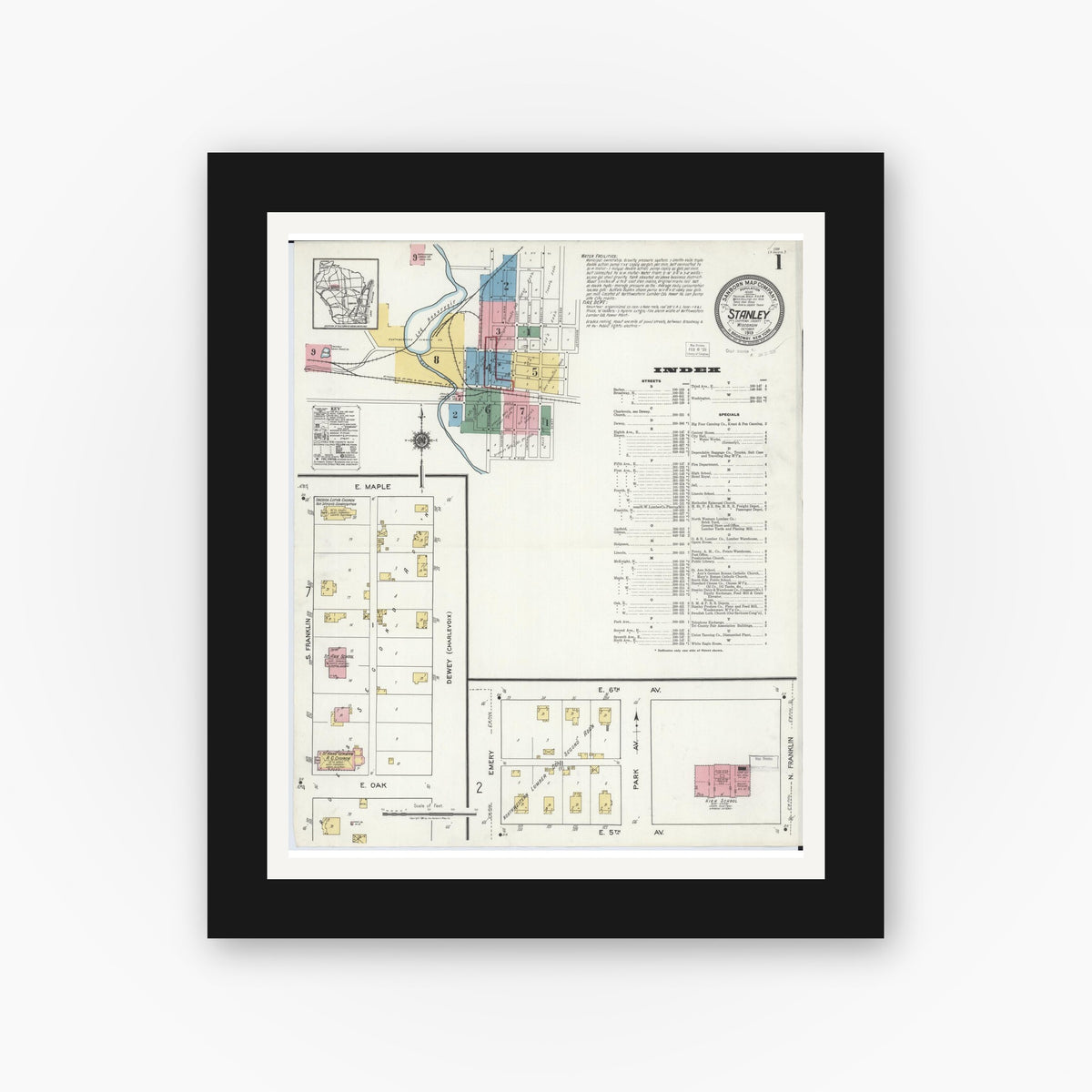 Old map wall art mockup — black gallery frame with white mat — Sanborn Fire Insurance Map from Stanley, Chippewa County, Wisconsin (1919), Sheet #0001