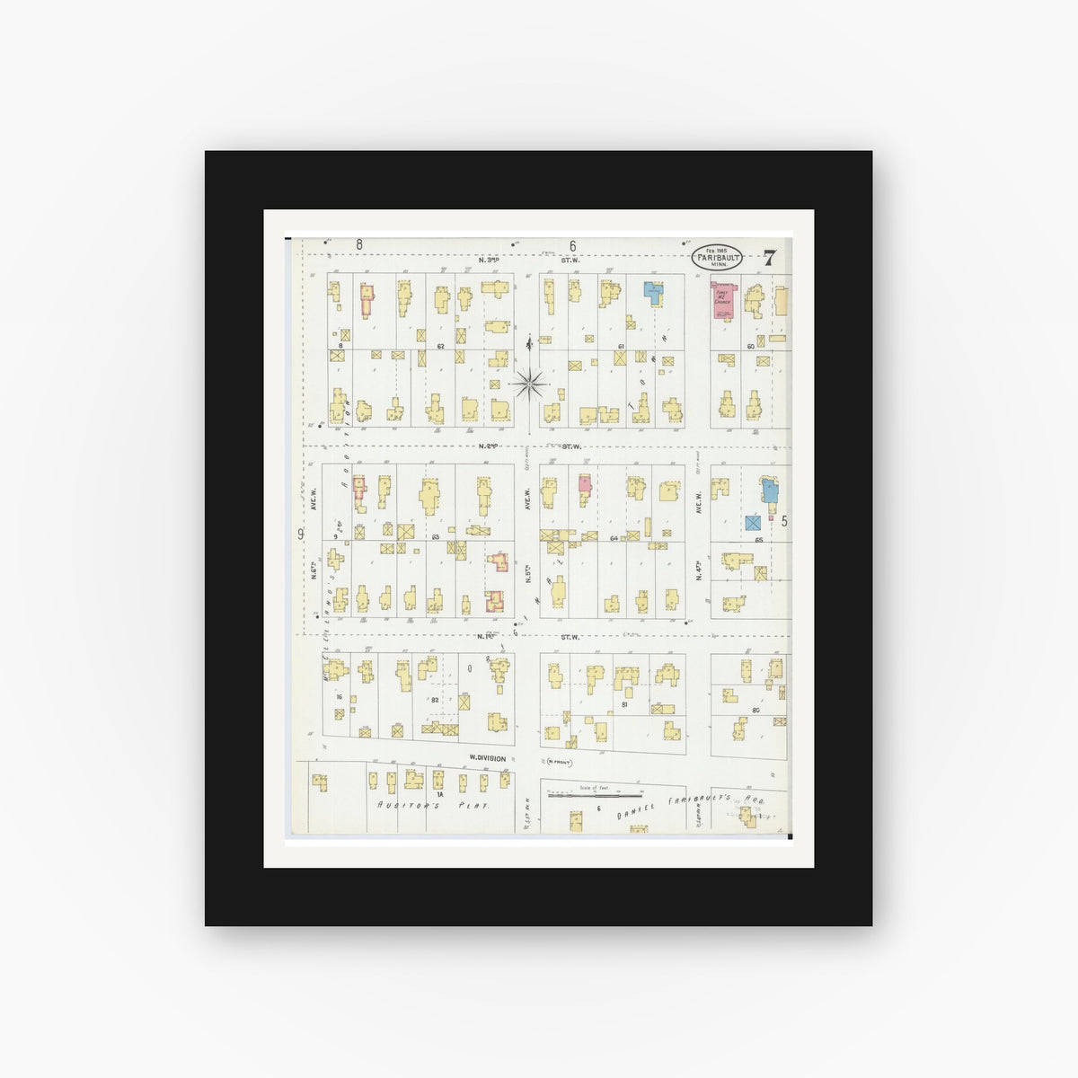 Old map wall art mockup — black gallery frame with white mat — Sanborn Fire Insurance Map from Faribault, Rice County, Minnesota (1905), Sheet #0007