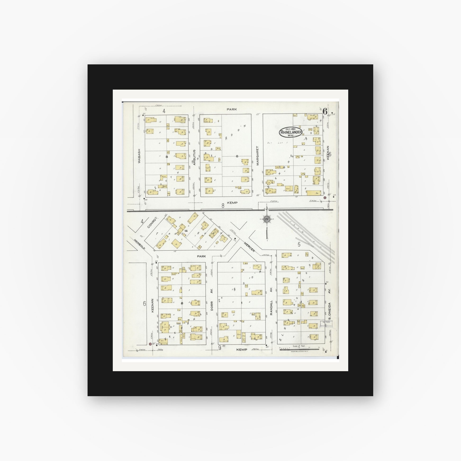 Old map wall art mockup — black gallery frame with white mat — Sanborn Fire Insurance Map from Rhinelander, Oneida County, Wisconsin (1920), Sheet #0006