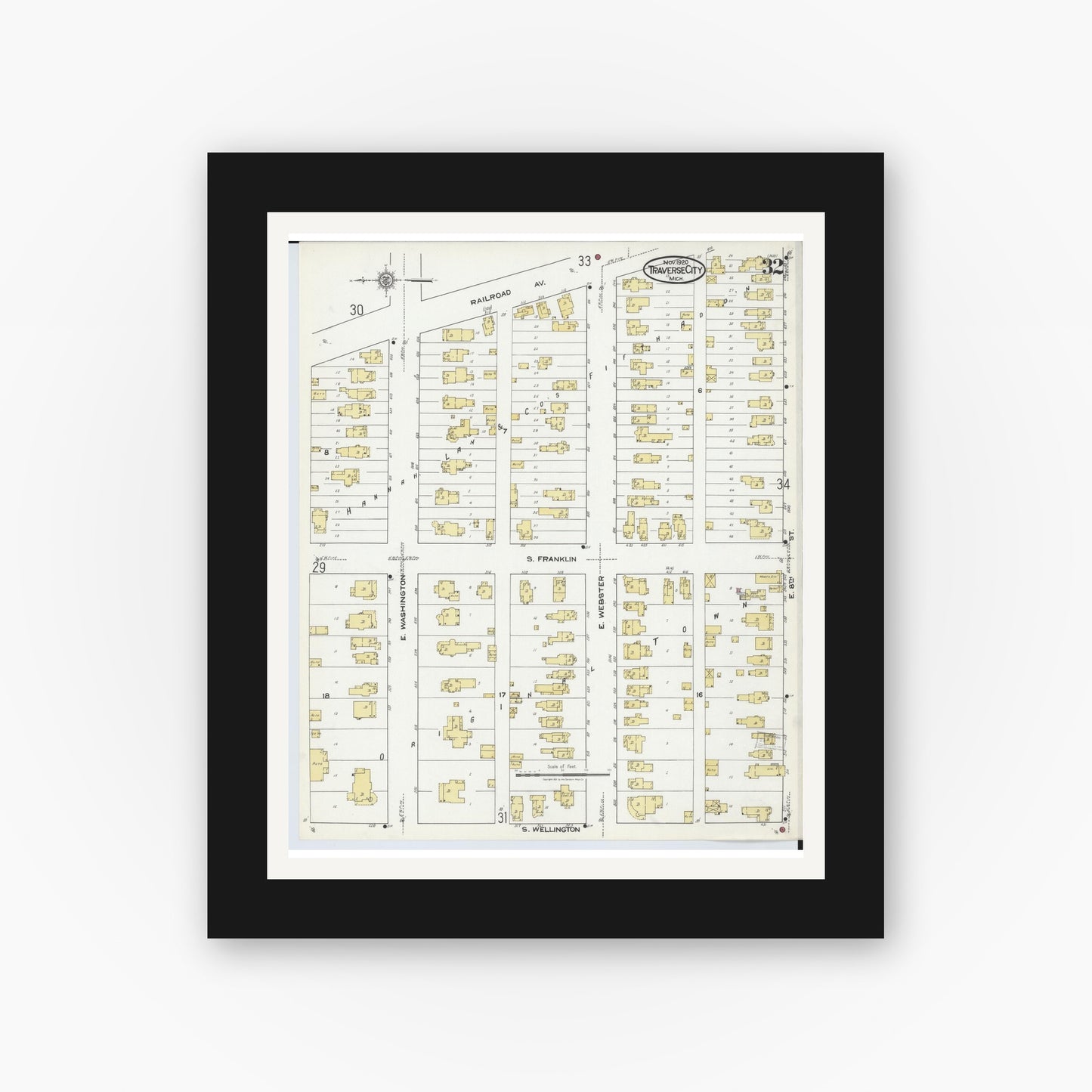 Old map wall art mockup — black gallery frame with white mat — Sanborn Fire Insurance Map from Traverse City, Grand Traverse County, Michigan (1920), Sheet #0032