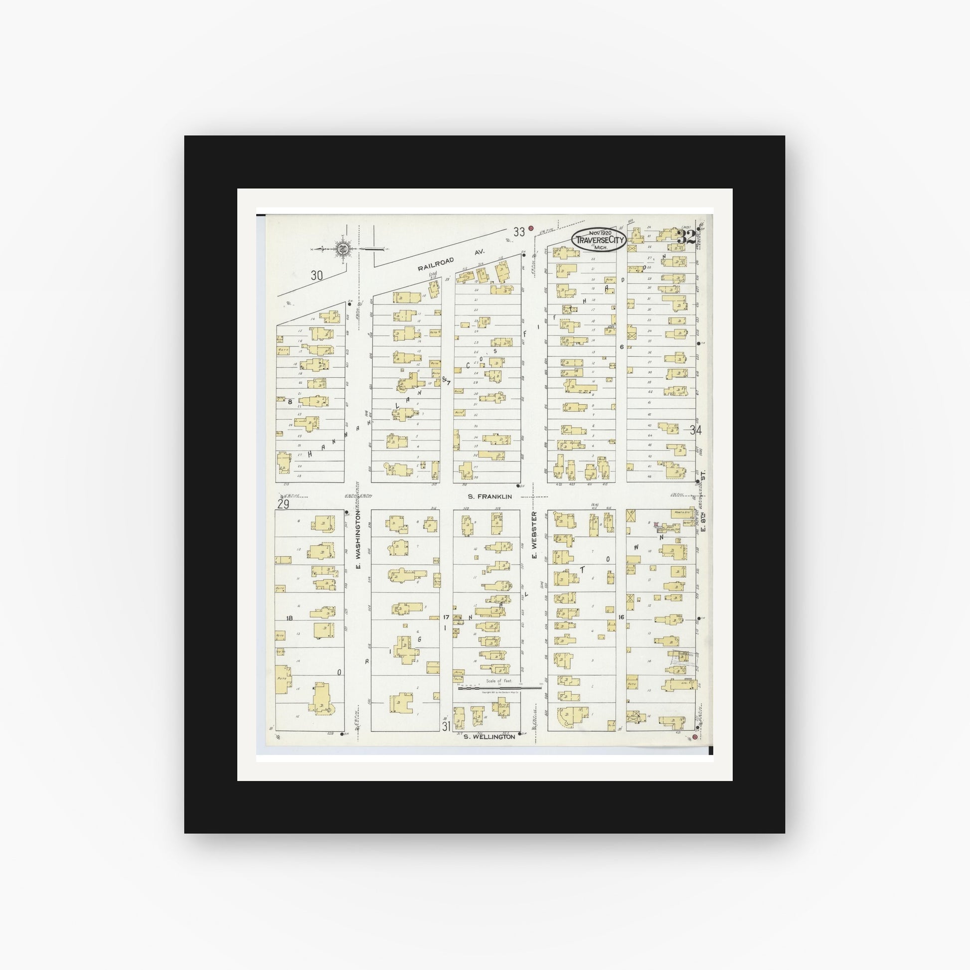 Old map wall art mockup — black gallery frame with white mat — Sanborn Fire Insurance Map from Traverse City, Grand Traverse County, Michigan (1920), Sheet #0032