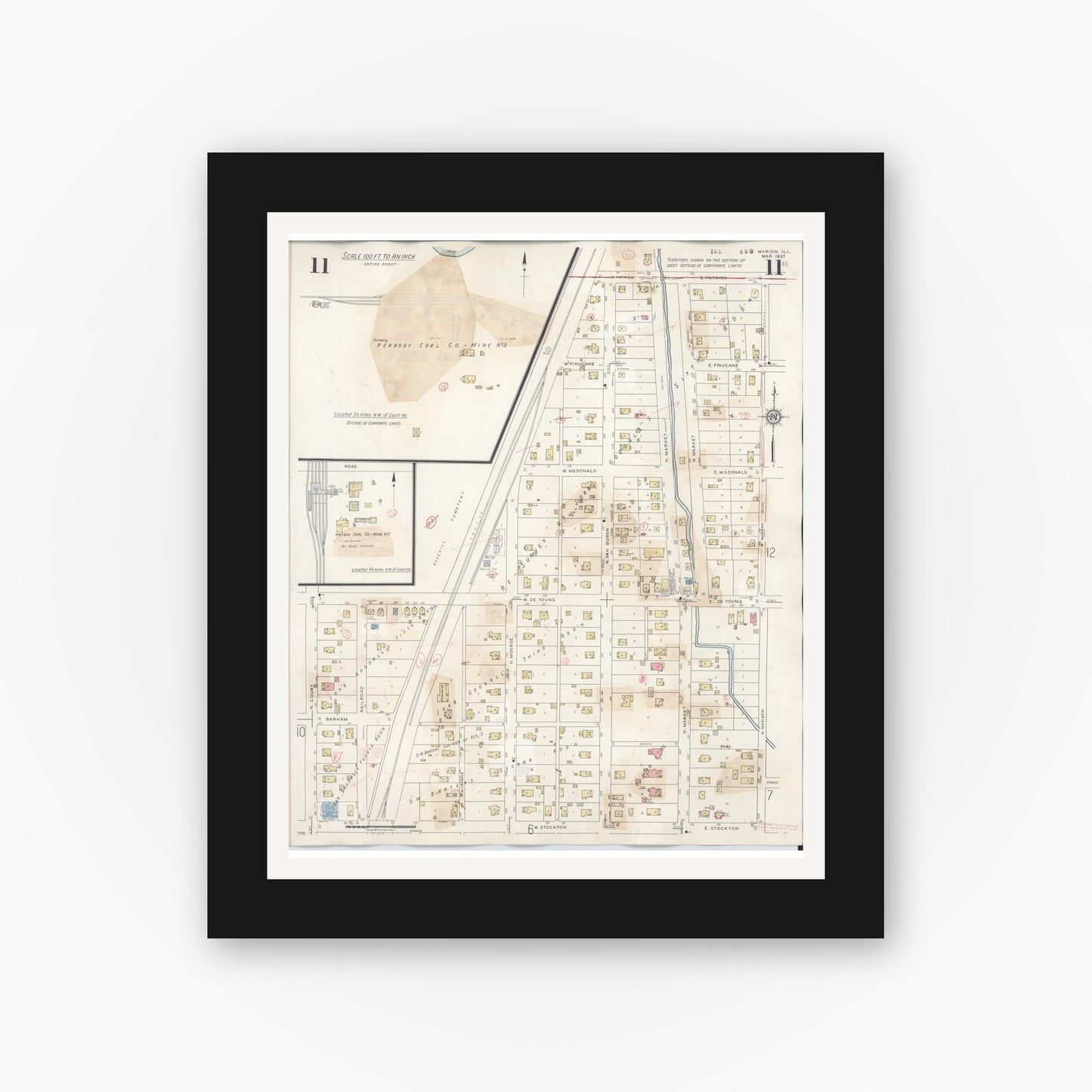 Old map wall art mockup — black gallery frame with white mat — Sanborn Fire Insurance Map from Marion, Williamson County, Illinois (1946), Sheet #0011