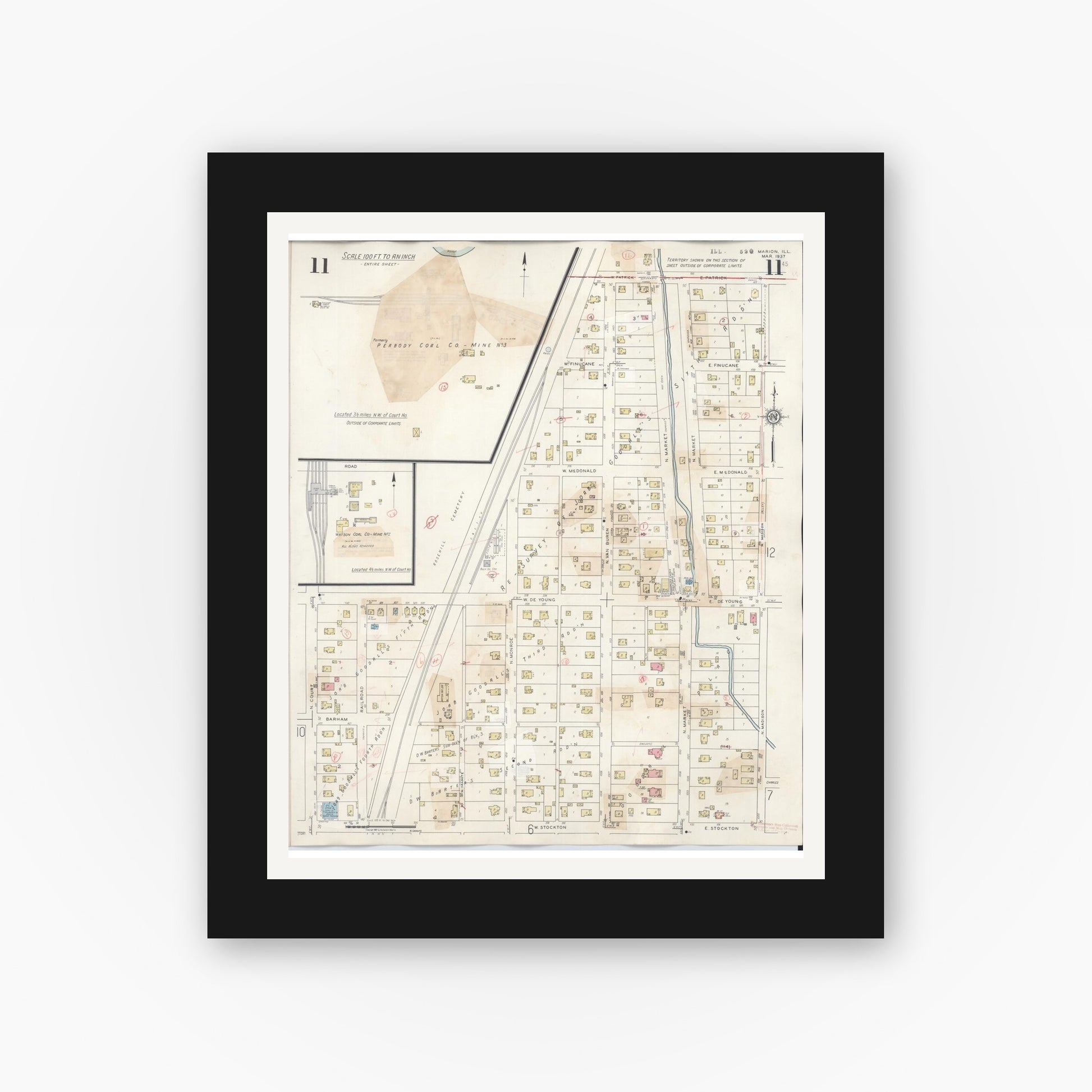 Old map wall art mockup — black gallery frame with white mat — Sanborn Fire Insurance Map from Marion, Williamson County, Illinois (1946), Sheet #0011