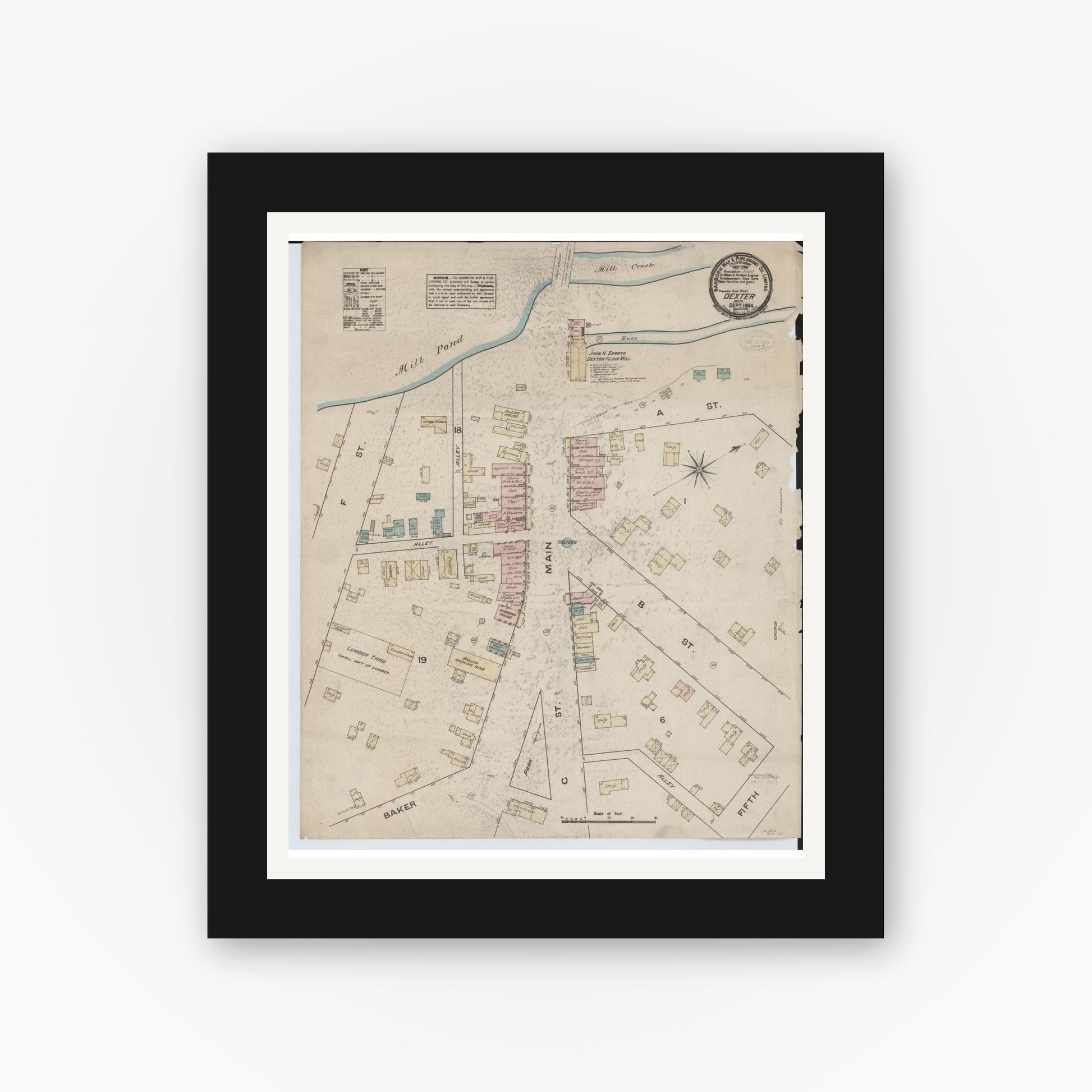 Old map wall art mockup — black gallery frame with white mat — Sanborn Fire Insurance Map from Dexter, Washtenaw County, Michigan (1884), Sheet #0001