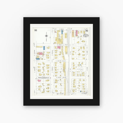 Old map wall art mockup — black gallery frame with white mat — Sanborn Fire Insurance Map from Austin, Mower County, Minnesota (1926), Sheet #0016