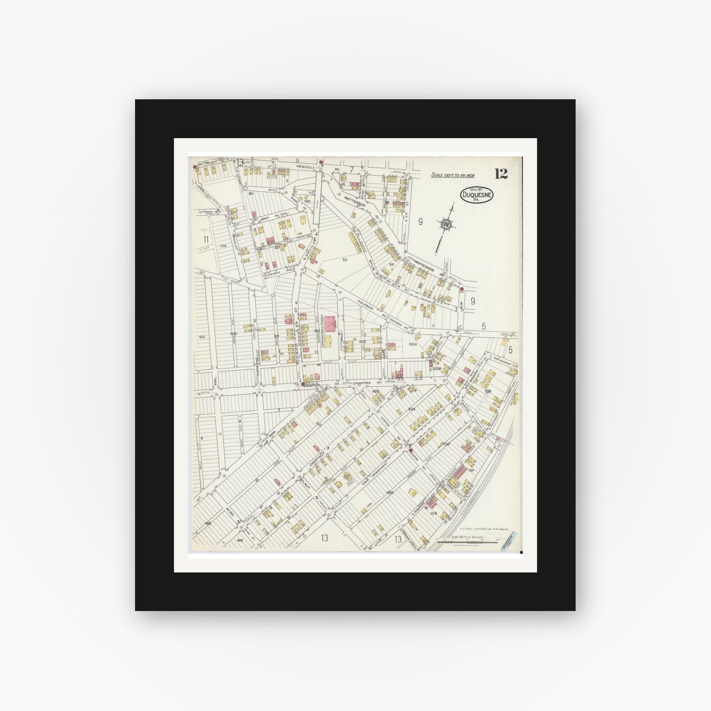 Old map wall art mockup — black gallery frame with white mat — Sanborn Fire Insurance Map from Duquesne, Allegheny County, Pennsylvania (1917), Sheet #0012