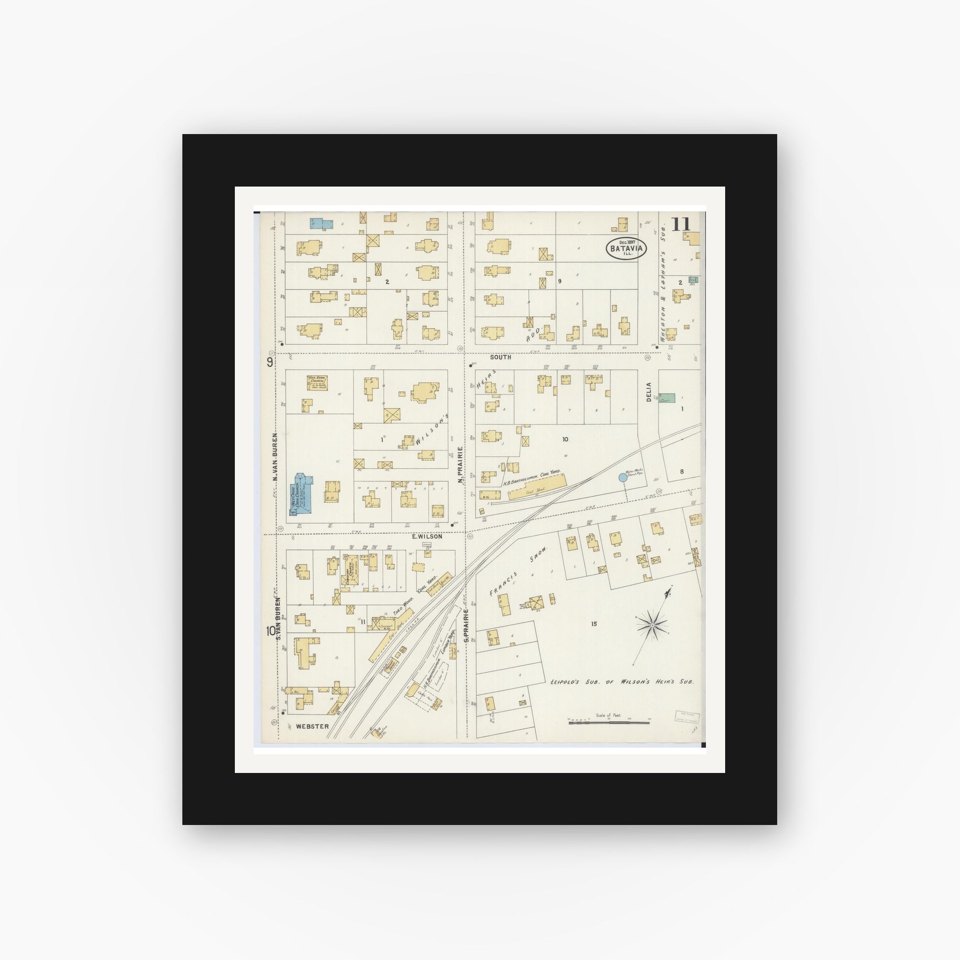 Old map wall art mockup — black gallery frame with white mat — Sanborn Fire Insurance Map from Batavia, Kane County, Illinois (1897), Sheet #0011