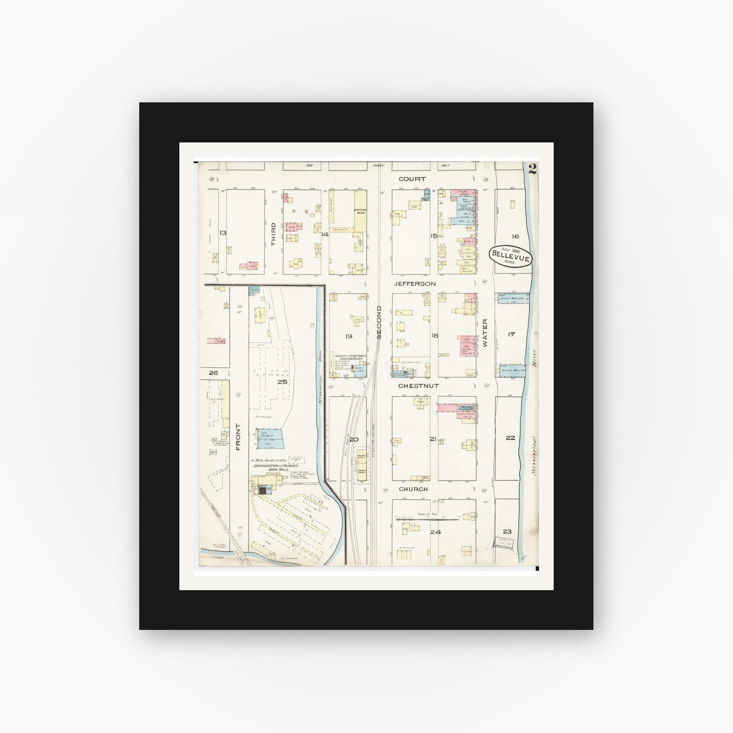 Old map wall art mockup — black gallery frame with white mat — Sanborn Fire Insurance Map from Bellevue, Jackson County, Iowa (1885), Sheet #0002