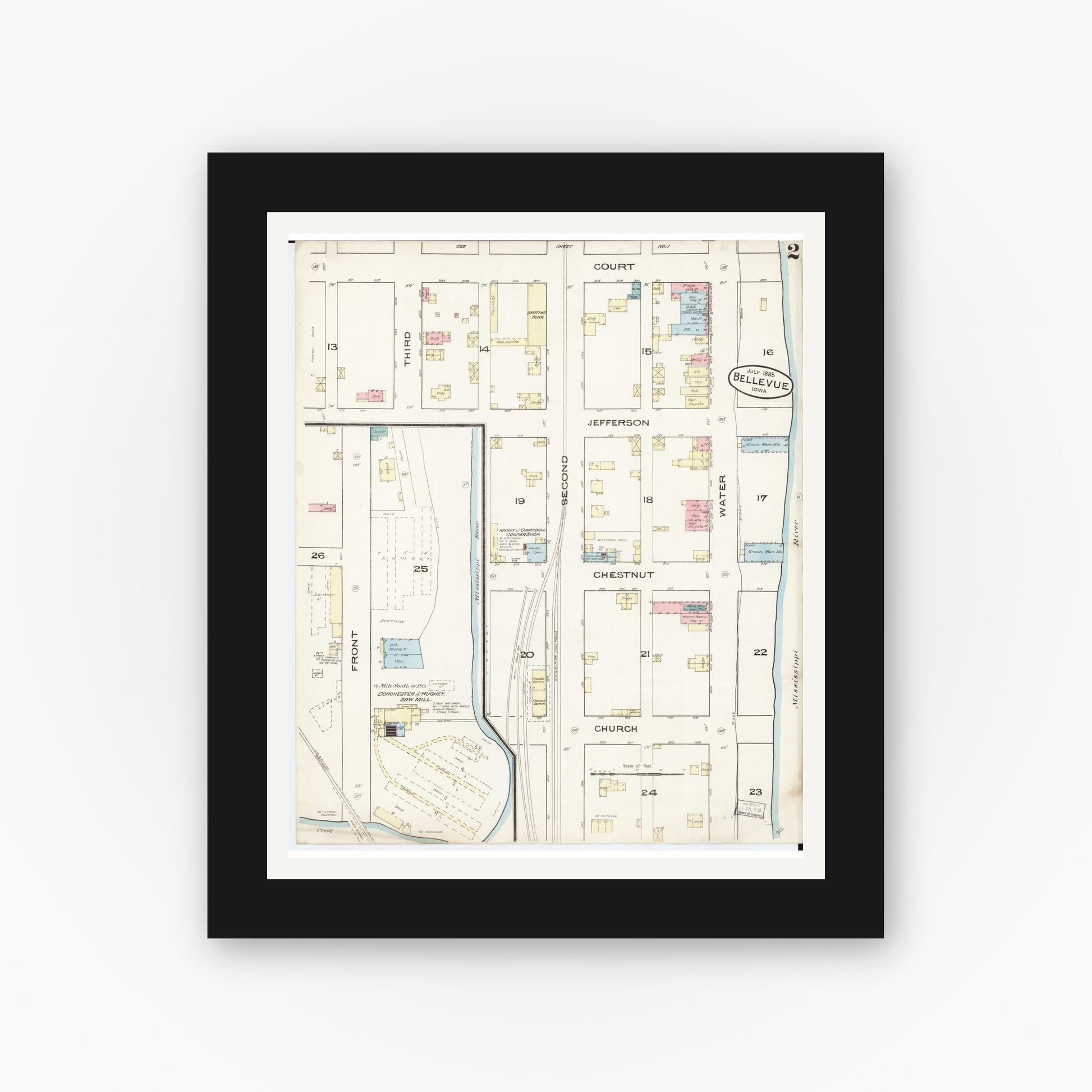 Old map wall art mockup — black gallery frame with white mat — Sanborn Fire Insurance Map from Bellevue, Jackson County, Iowa (1885), Sheet #0002