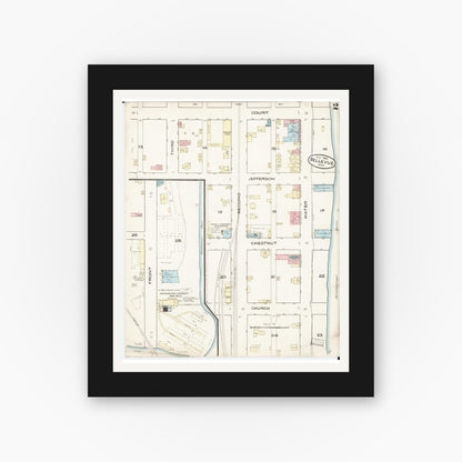 Old map wall art mockup — black gallery frame with white mat — Sanborn Fire Insurance Map from Bellevue, Jackson County, Iowa (1885), Sheet #0002